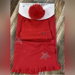 Steve Madden 2 Pc Scarf and Beanie with Pom Set Red Bedazzled